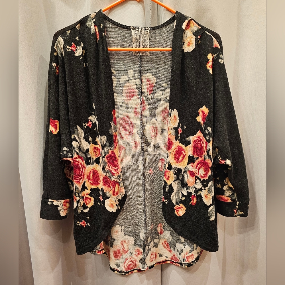 MAUVE Black Floral 3/4 Sleeve Cardigan Size M -  Boho Chic
